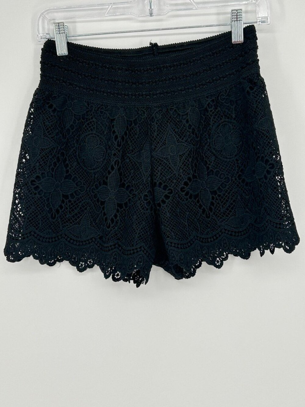 Black Lace Smocked High Rise Boho Festival Shorts Scalloped Hem Medium Coquette